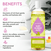 Puracy Baby Bubble Bath with hypoallergenic formula, gentle and soothing for delicate skin, featuring a clear bottle with a pump dispenser.