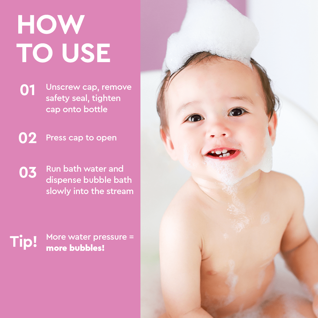 Puracy hypoallergenic baby bubble bath in a clear bottle with a white pump, gentle and soothing for sensitive skin.
