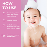 Puracy hypoallergenic baby bubble bath in a clear bottle with a white pump, gentle and soothing for sensitive skin.