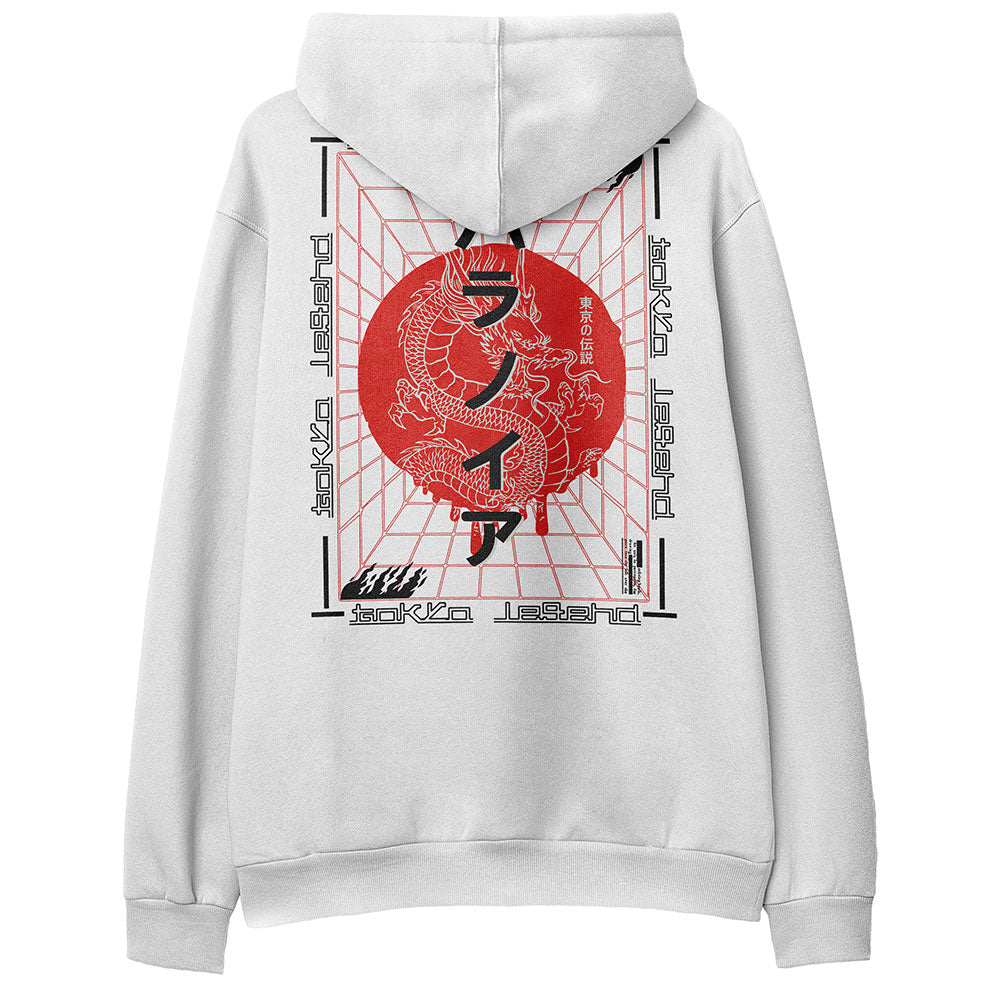 Yūjin Clothing Legend Hoodie featuring a comfortable fit, stylish design, and soft fabric in a close-up of the hoodie on a model.