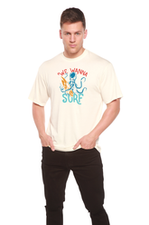 Mens printed short sleeve T-shirt by Spun Bamboo featuring a We Wanna Surf graphic in bamboo viscose and organic cotton fabric.