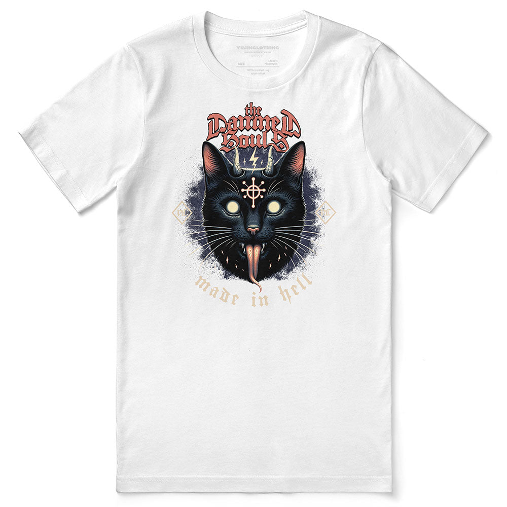 Yūjin Clothing Damned Souls cat T-Shirt featuring a graphic of a dark, spooky cat design on a casual black T-shirt.