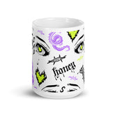 Yūjin Clothing honey-themed ceramic mug with a smooth handle and bright honey design for hot beverages.