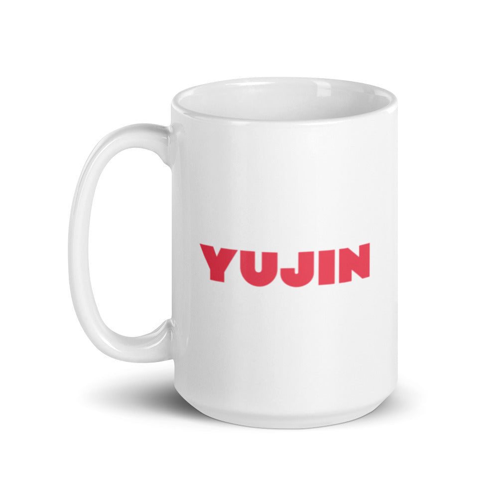 Yūjin Clothing Hitotsume-Kozō Mug featuring a traditional Japanese design with a handle and detailed artwork on ceramic surface.