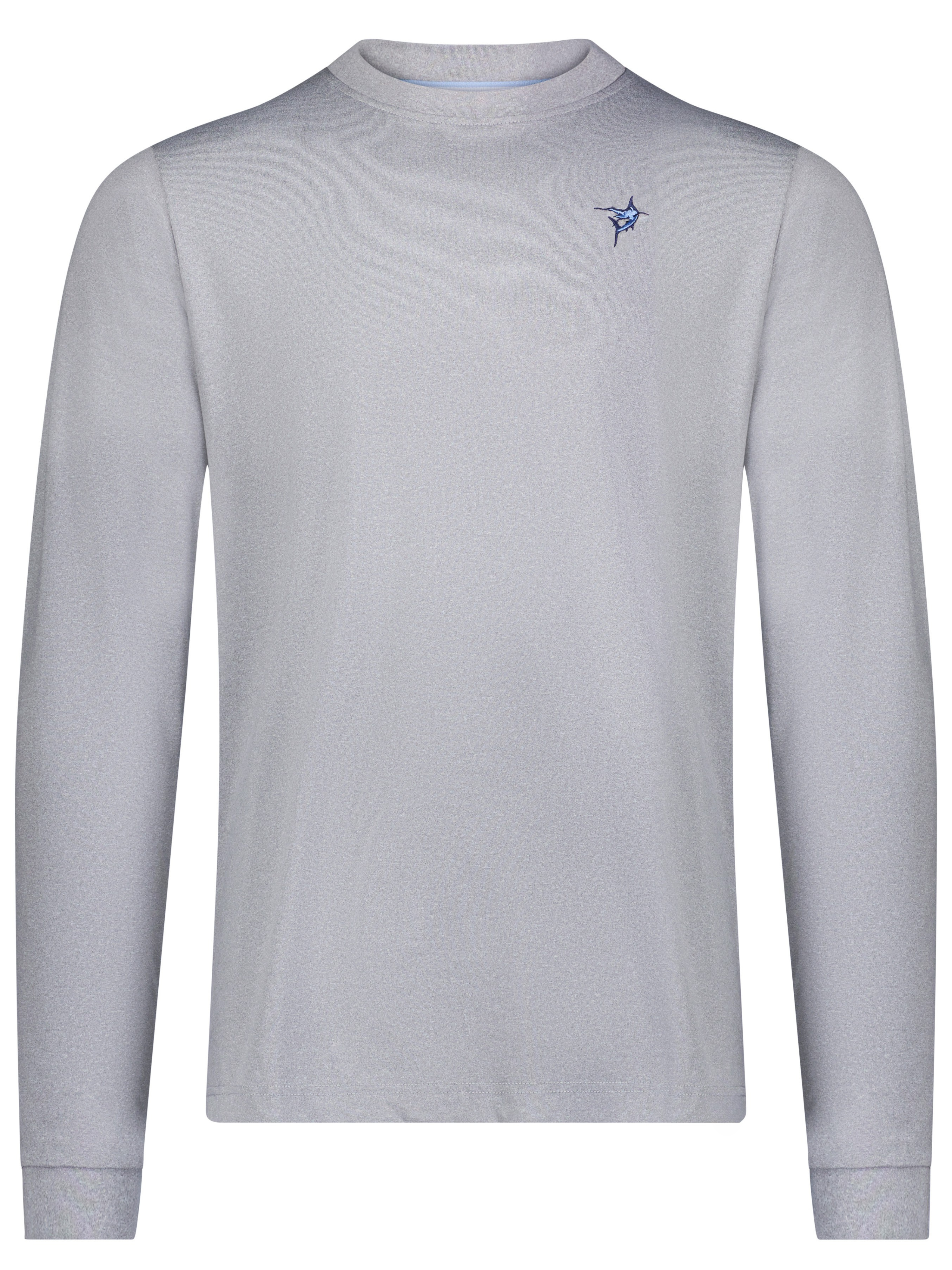 White Water Life Dockside Performance long sleeve shirt displayed flat, showcasing its navy color and lightweight, breathable fabric.