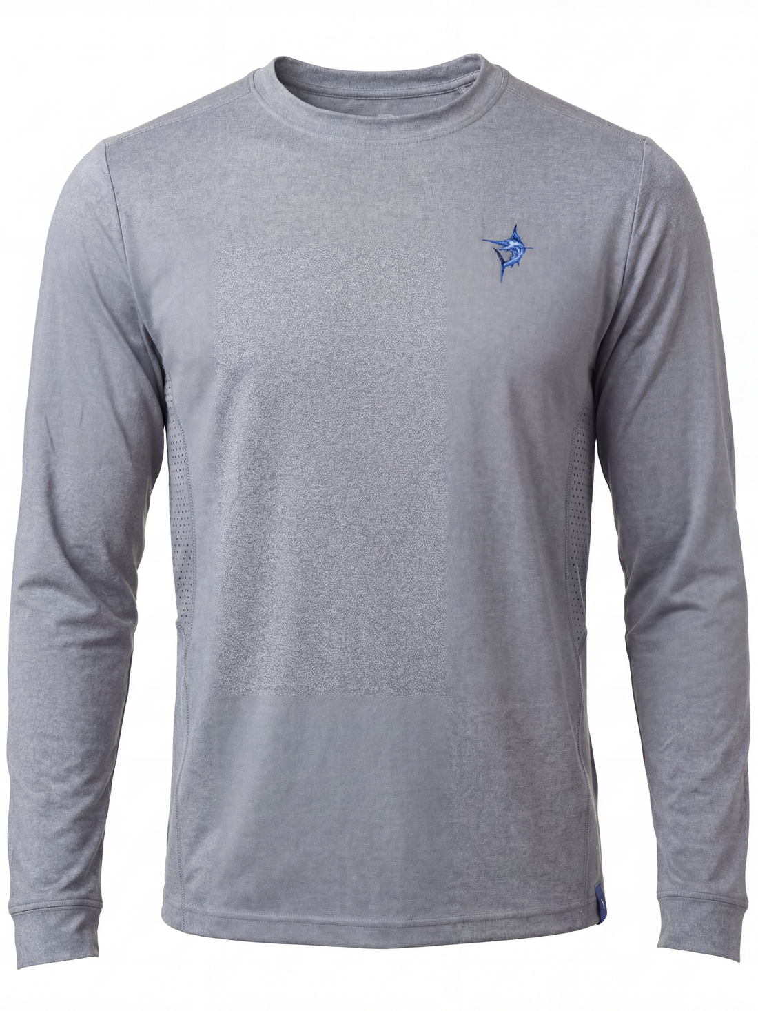 White Water Life Grander Performance long sleeve tee in grey, dockside setting, showcasing comfortable, athletic apparel.