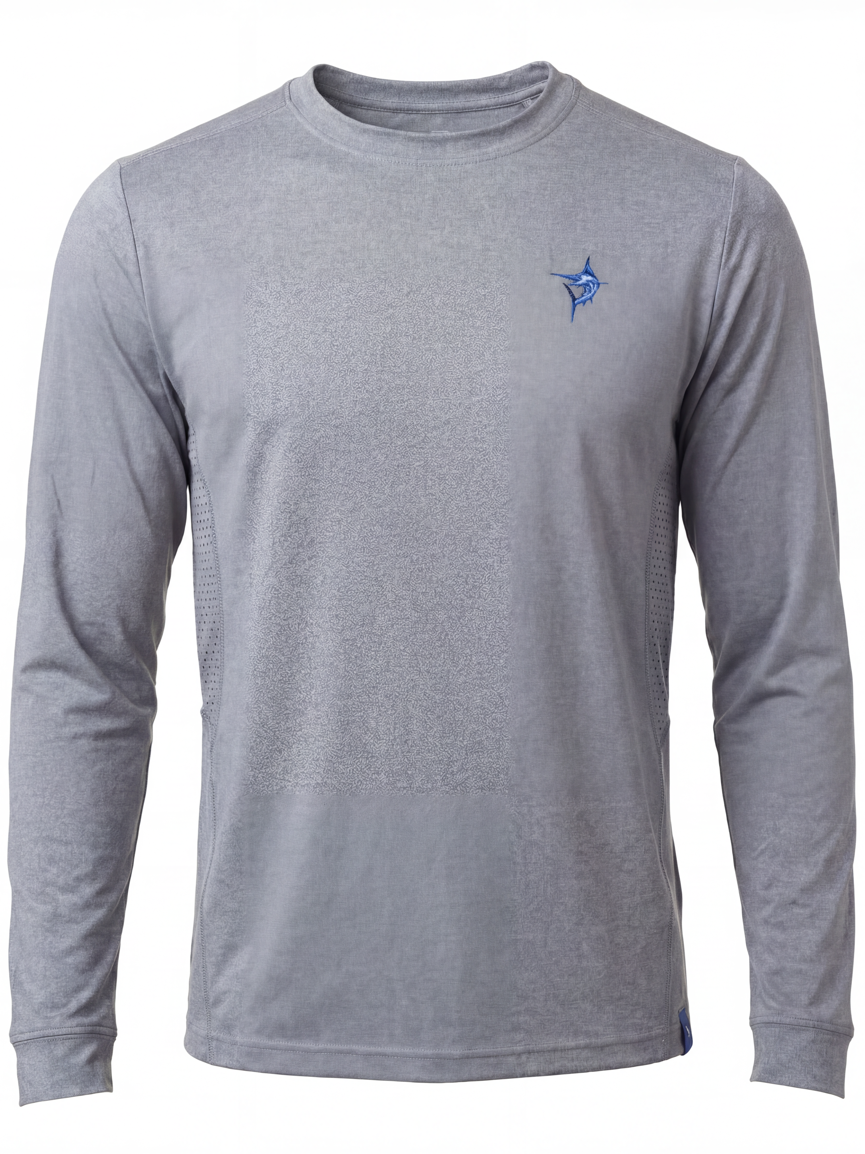 White Water Life Grander Performance long sleeve tee in grey, dockside setting, showcasing comfortable, athletic apparel.