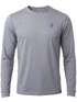 White Water Life Grander Performance long sleeve tee in grey, dockside setting, showcasing comfortable, athletic apparel.
