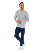 Gray long sleeve Mystic Henley shirt by White Water Life displayed on a hanger against a plain background.
