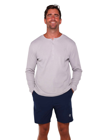 White Water Life Mystic Henley long sleeve shirt with a buttoned neckline and casual fit, shown in a natural fabric texture.
