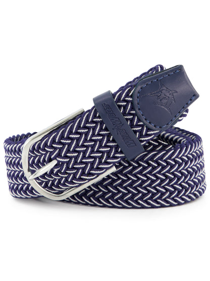 Navy Waterline braided belt by White Water Life with woven design and metal buckle, displayed flat against a white background.