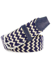 Navy and white braided Waterline belt by White Water Life, featuring a woven design and adjustable buckle for casual wear.