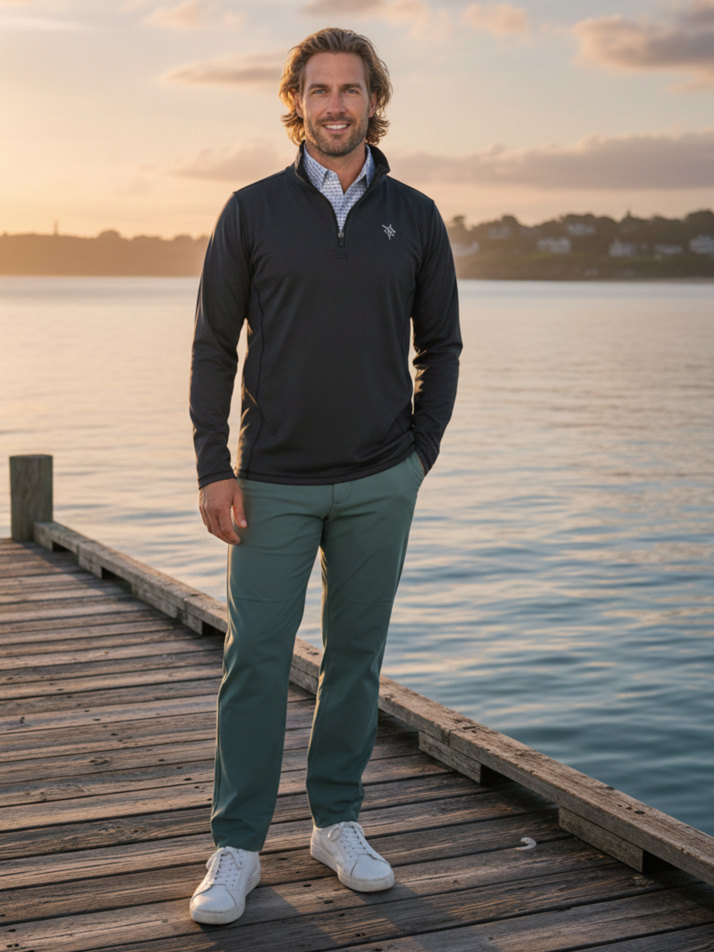 Green Seaport Pants from White Water Life, casual pants with a relaxed fit, shown on a dock setting.