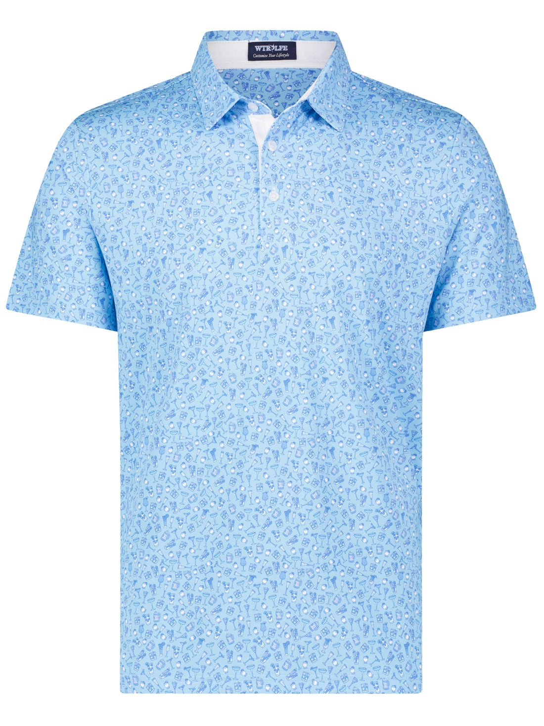 Spirits Print Polo shirt by White Water Life featuring a colorful cocktail-themed design on a casual polo.