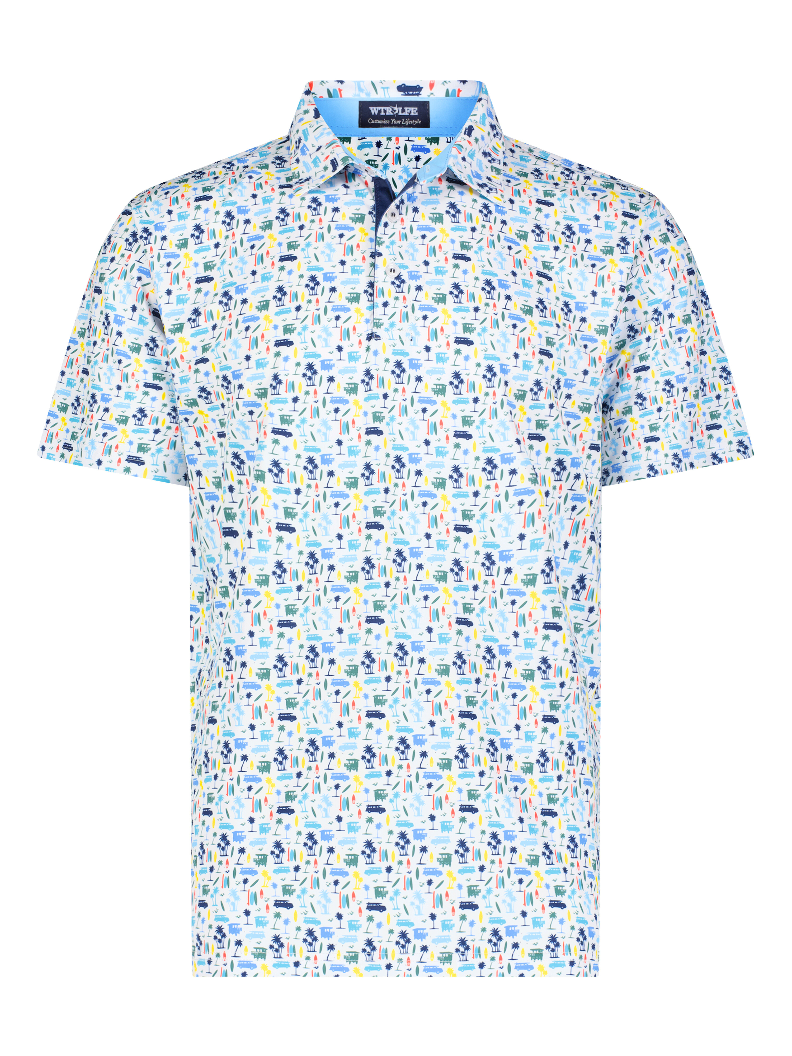 White Water Life Surfs Up Performance Polo shirt featuring a casual polo design and surf-inspired graphics.