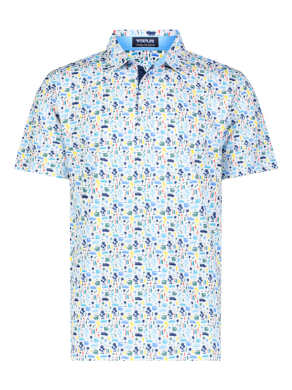 White Water Life Surfs Up Performance Polo shirt featuring a casual polo design and surf-inspired graphics.