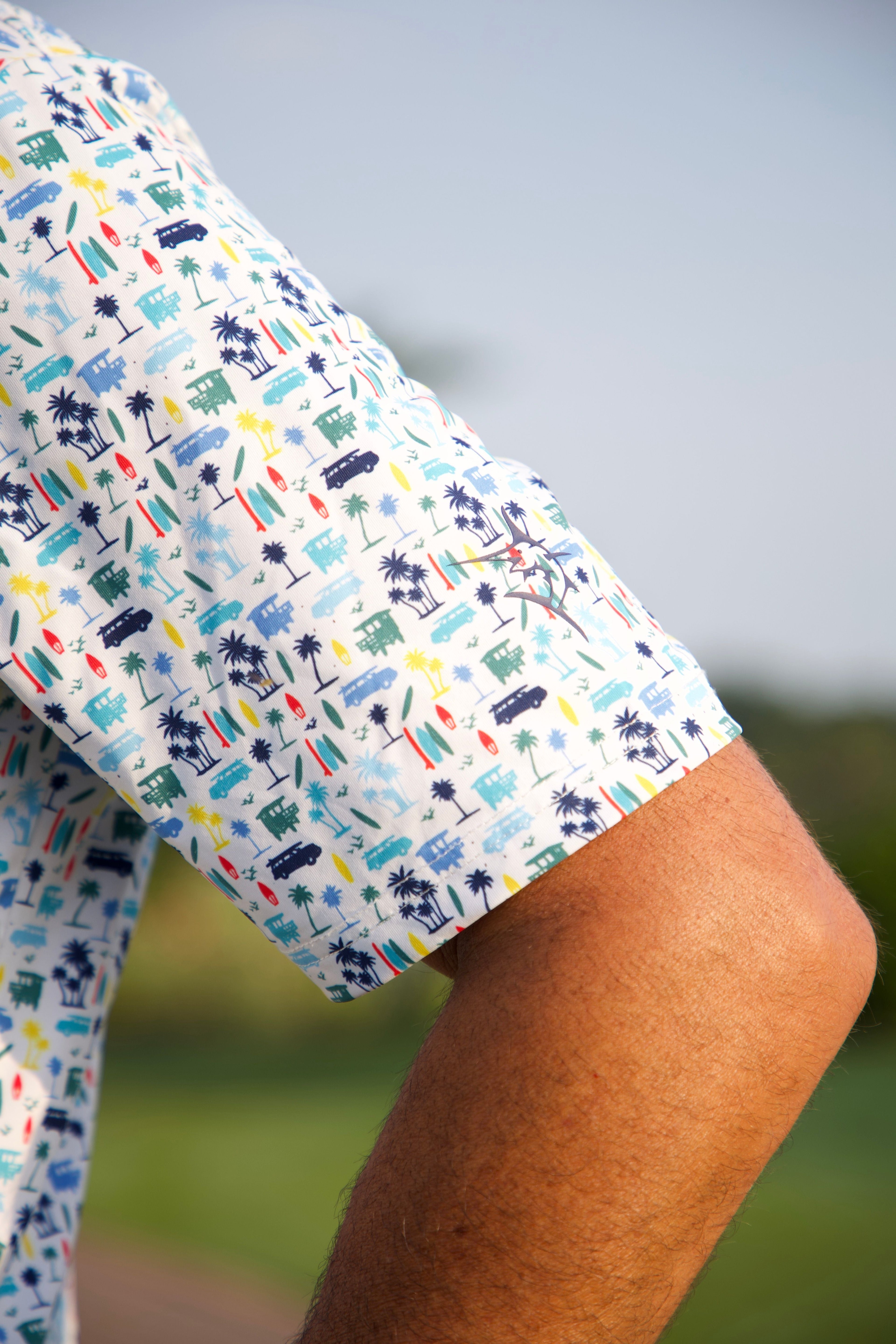White Water Life Surfs Up Performance Polo in navy, featuring a collar, short sleeves, and surf-inspired graphic design.