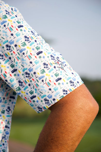 White Water Life Surfs Up Performance Polo in navy, featuring a collar, short sleeves, and surf-inspired graphic design.