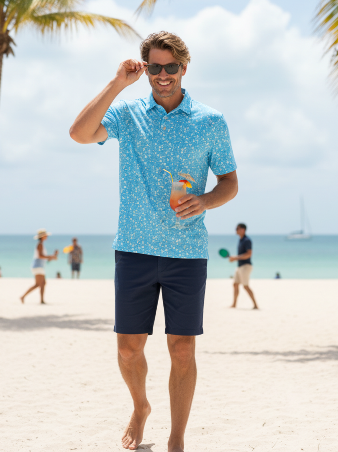 White Water Life Vacation Performance Polo in navy, displayed with matching shorts, showcasing a casual, comfortable polo shirt.
