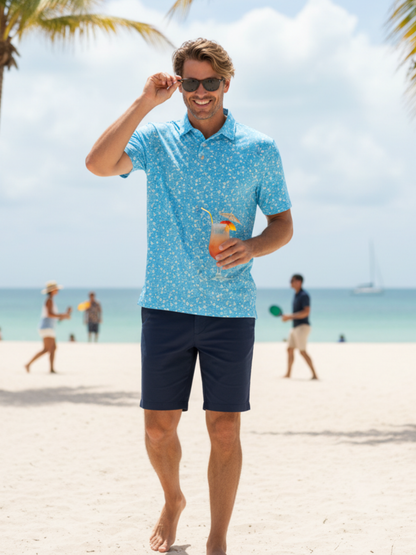 White Water Life Vacation Performance Polo in navy, displayed with matching shorts, showcasing a casual, comfortable polo shirt.