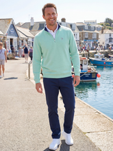 White Water Life Turnberry Aqua quarter zip knit top, smooth fabric, casual wear, with a stand-up collar and long sleeves.