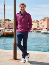 White Water Life New Harbor plum quarter zip sweatshirt showing a comfortable, casual fit with a high collar and quarter-length zipper.