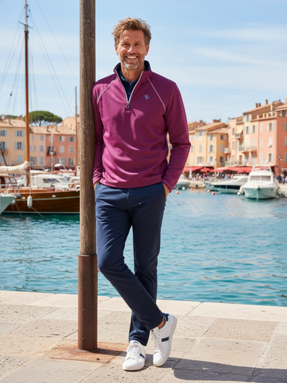 White Water Life New Harbor plum quarter zip sweatshirt showing a comfortable, casual fit with a high collar and quarter-length zipper.