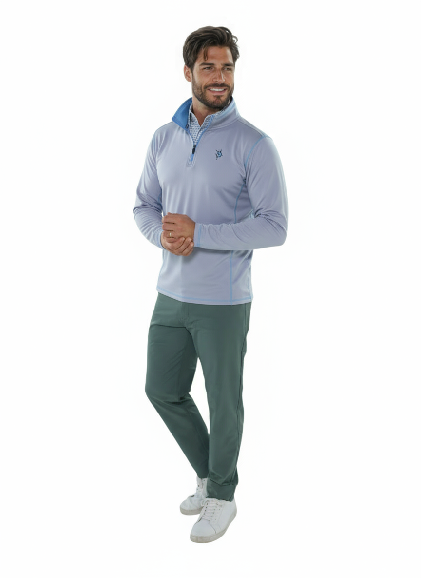 White Water Life Montauk Grey quarter zip midweight comfort shirt displayed in studio setting.