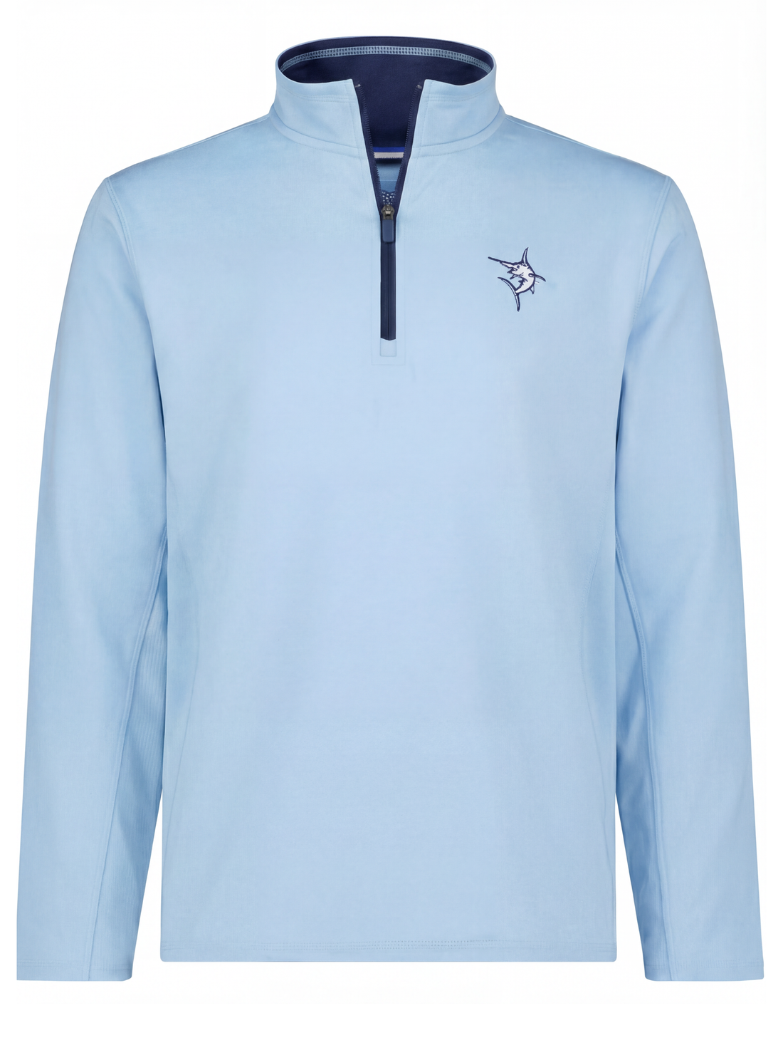 White Water Life Montauk quarter zip in pale blue and navy, featuring a comfortable midweight design and classic quarter zip style.
