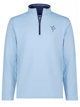 White Water Life Montauk quarter zip in pale blue and navy, featuring a comfortable midweight design and classic quarter zip style.