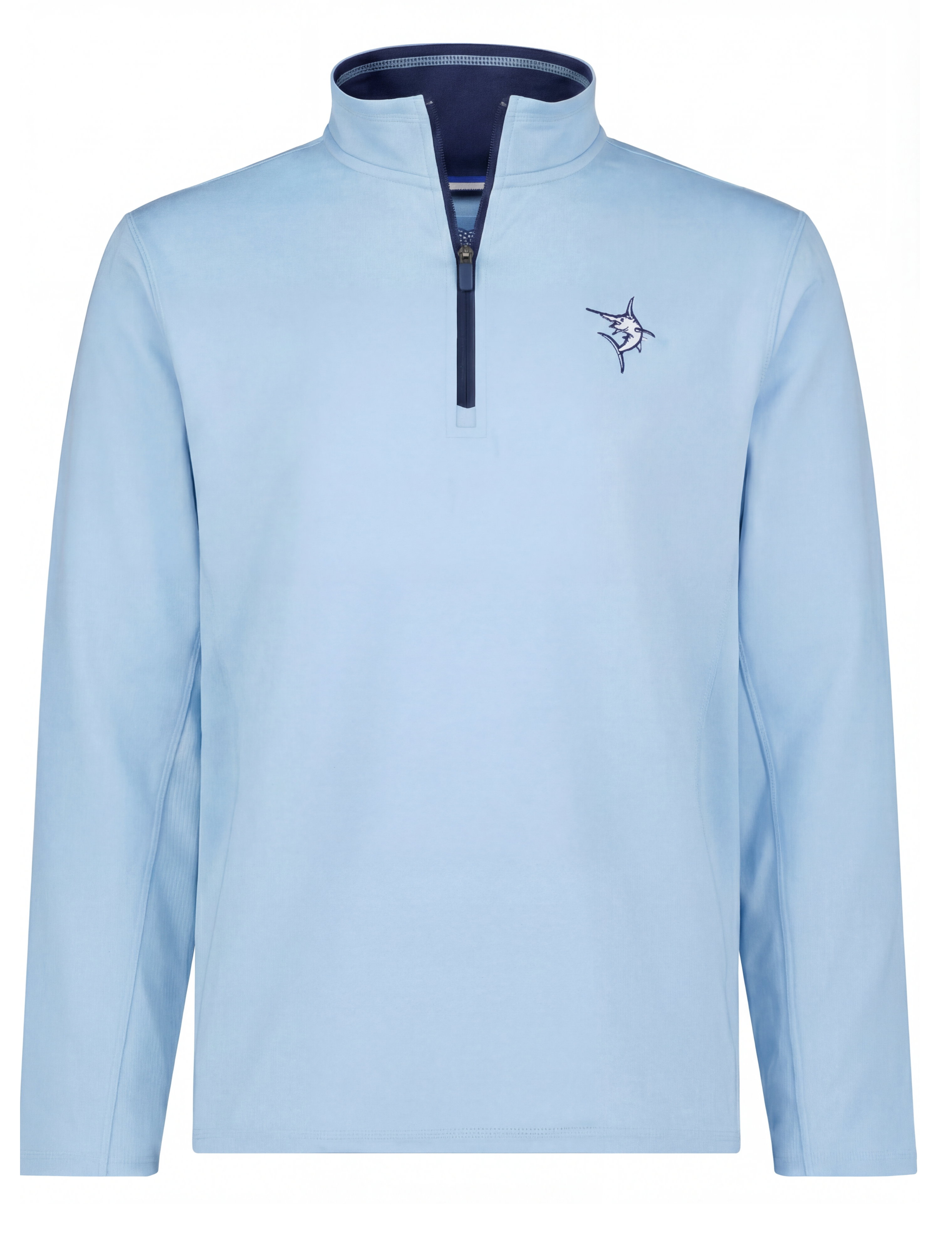 White Water Life Montauk quarter zip in pale blue and navy, featuring a comfortable midweight design and classic quarter zip style.