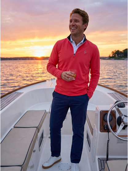 Red Montauk quarter zip from White Water Life, midweight comfort fabric, featuring a quarter zip design and casual style.