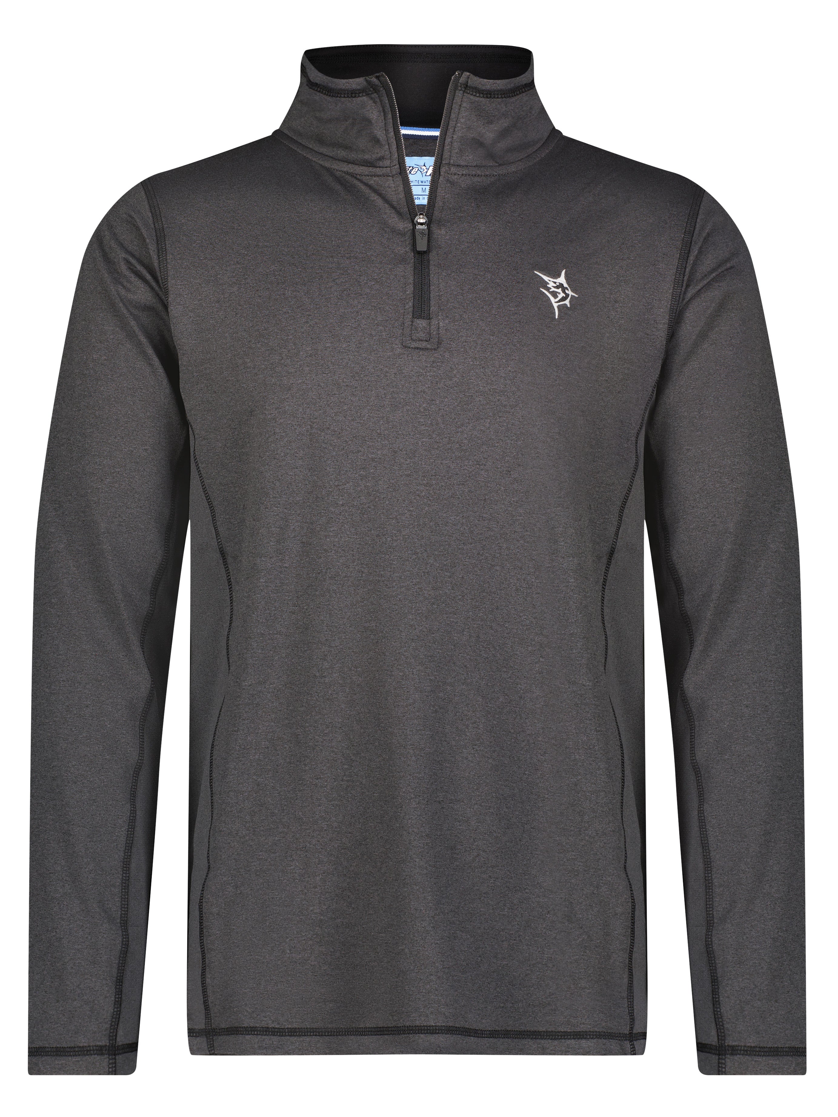 White Water Life Montauk quarter zip midweight comfort shirt, close-up of navy blue quarter zip pullover with textured fabric.