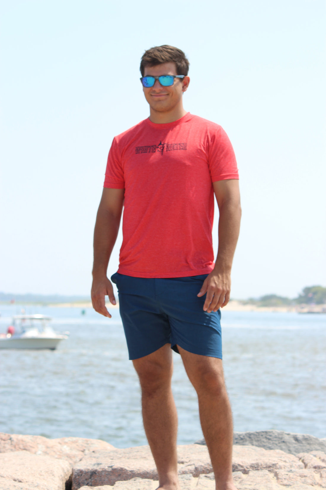 White Water Life Bimini Primary Performance Tee, short sleeves, lightweight fabric, navy color, casual outdoor style.