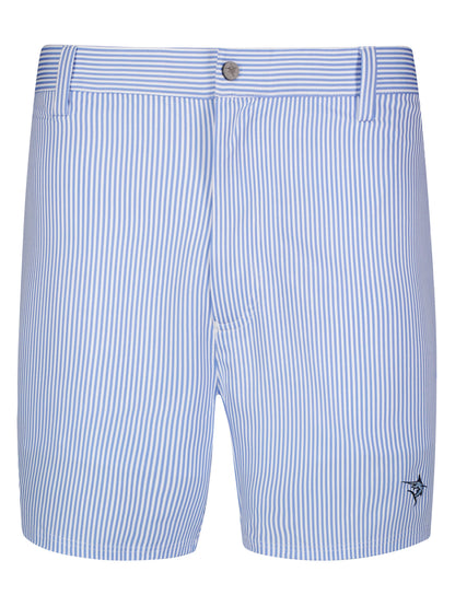 Blue seersucker Freeport shorts by White Water Life, featuring a casual, effortless design perfect for warm weather.