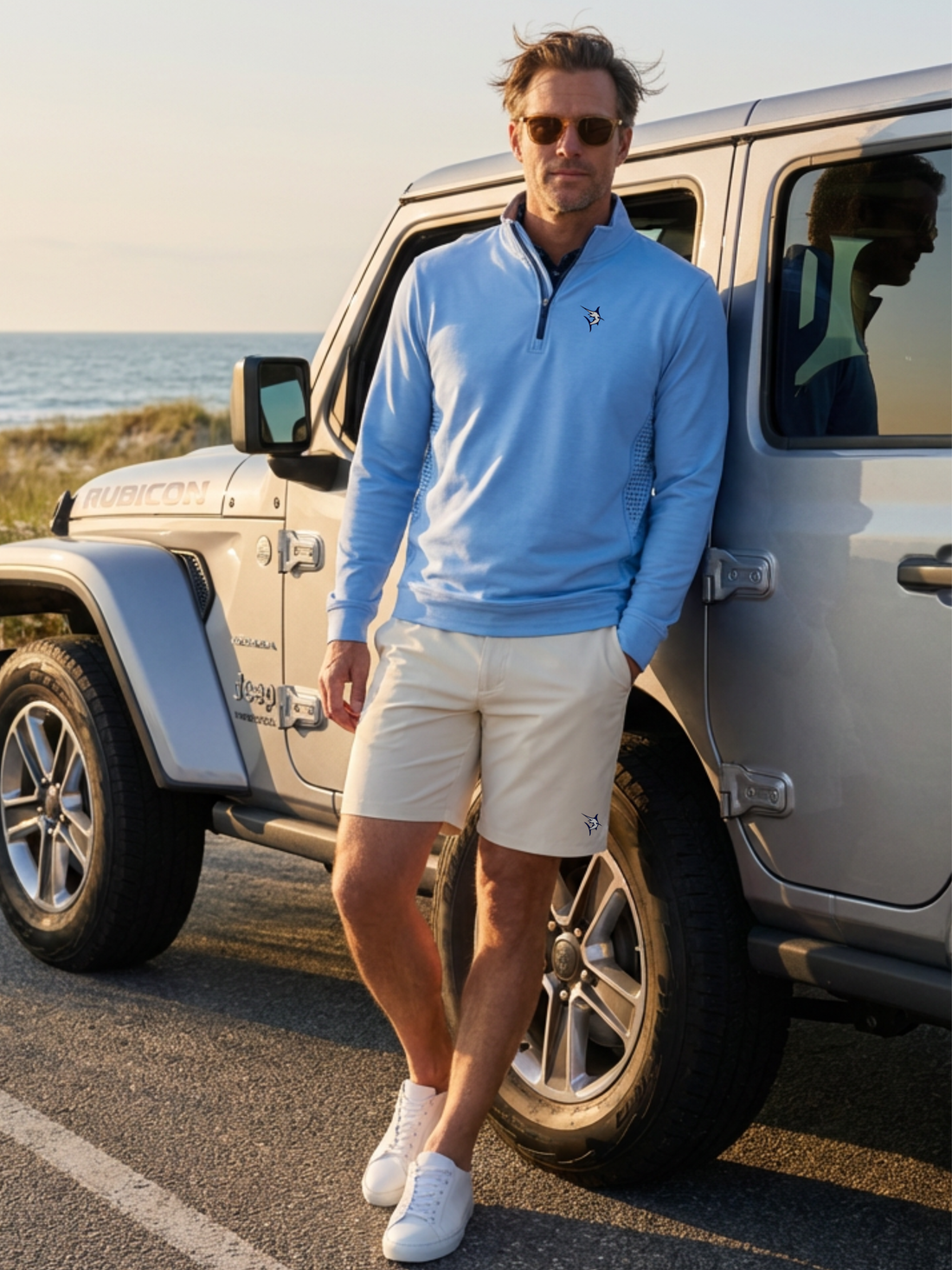 Azure blue White Water Life Freeport Shorts for effortless performance, shown with tan accents, suitable for outdoor adventures.