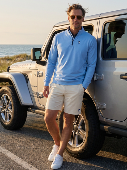 Azure blue White Water Life Freeport Shorts for effortless performance, shown with tan accents, suitable for outdoor adventures.