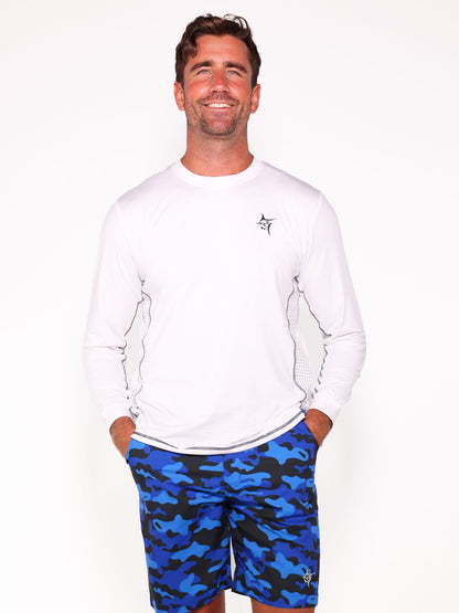 White Water Life NautiFlex Performance Tee in various colors, close-up of lightweight, breathable fabric and branding details.