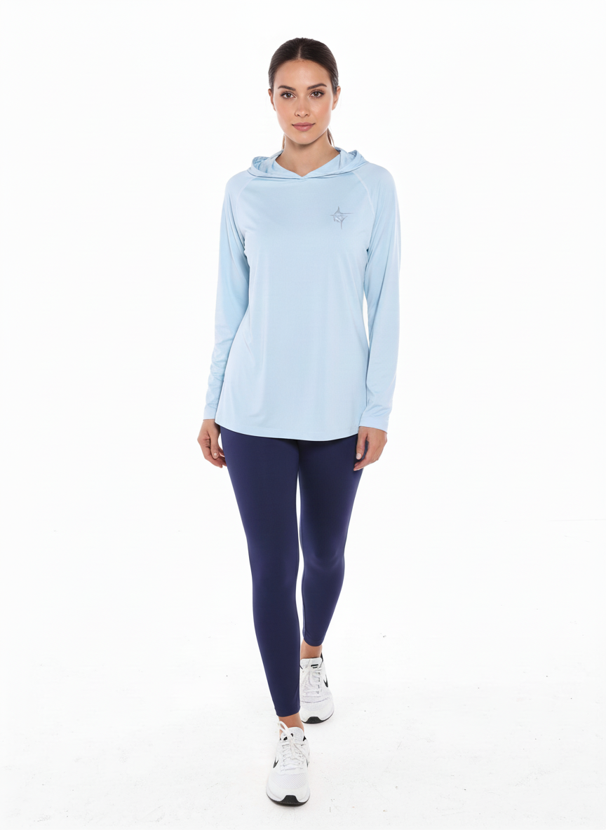 White Water Life Seaside Performance Hoodie in aqua color, front view showing breathable fabric and casual fit.