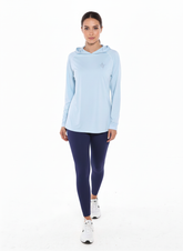 White Water Life Seaside Performance Hoodie in aqua color, front view showing breathable fabric and casual fit.