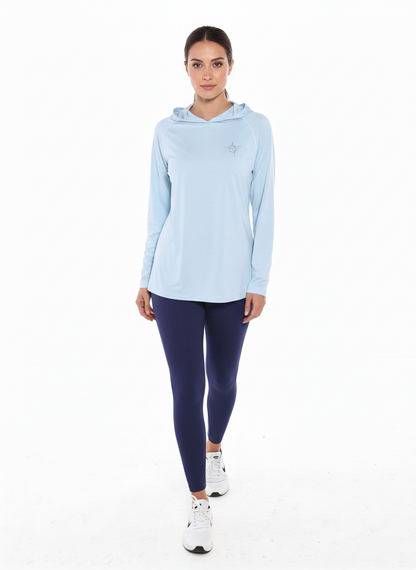 White Water Life Seaside Performance Hoodie in aqua color, front view showing breathable fabric and casual fit.