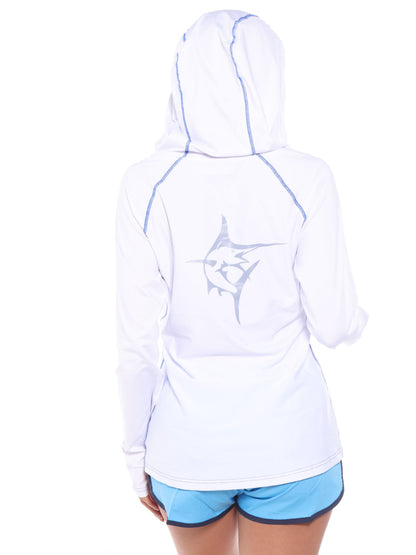 White Water Life Seaside Performance Hoodie in navy, showing the front view with logo and comfortable fit details.