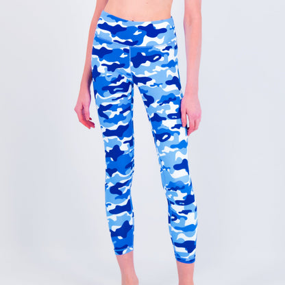 White Water Life water camo leggings with a stretchy, fitted design featuring a blue and green camouflage pattern.