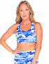 White Water Life water camo racer back sports bra with supportive design, designed for active wear and exercise.