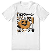 Yūjin Clothing Halloween season T-shirt featuring spooky graphic design, black fabric, and comfortable fit for festive occasions.