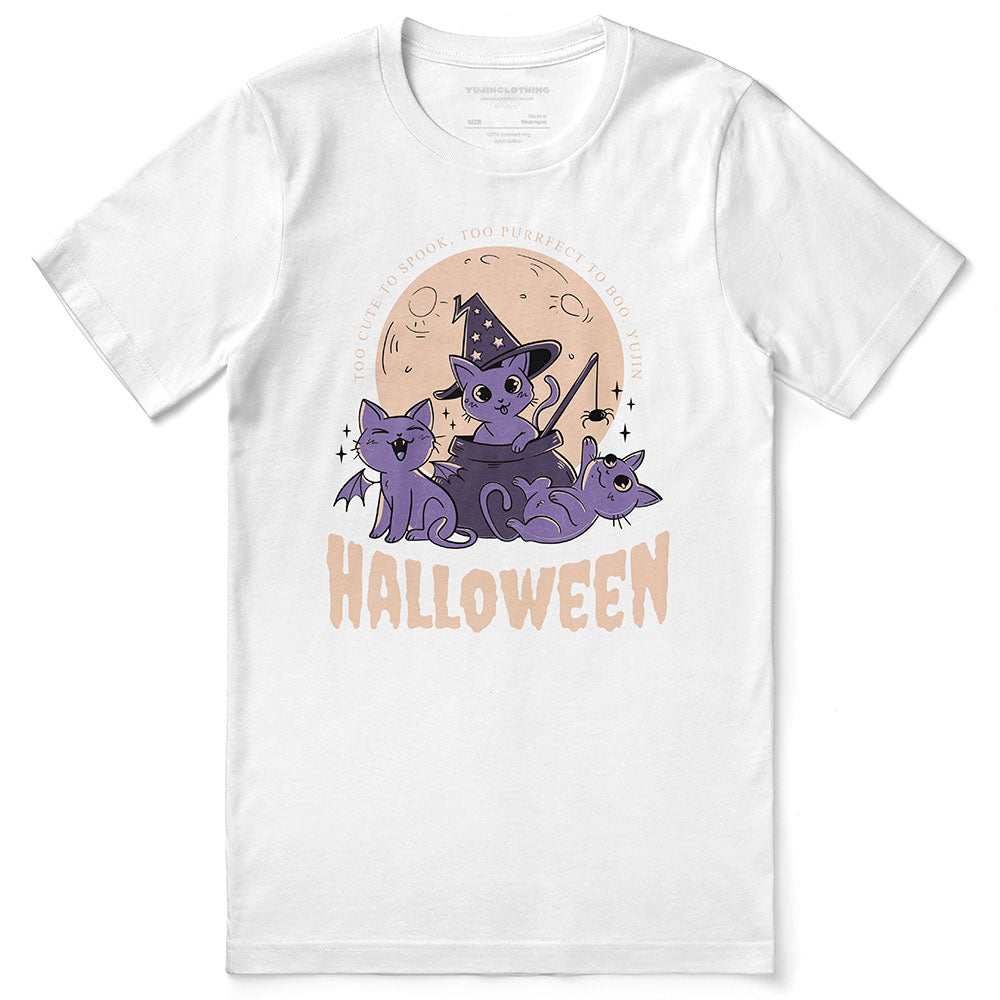 Black Halloween Cats T-Shirt by Yūjin Clothing featuring spooky cat graphics and comfortable cotton fabric.