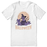 Black Halloween Cats T-Shirt by Yūjin Clothing featuring spooky cat graphics and comfortable cotton fabric.