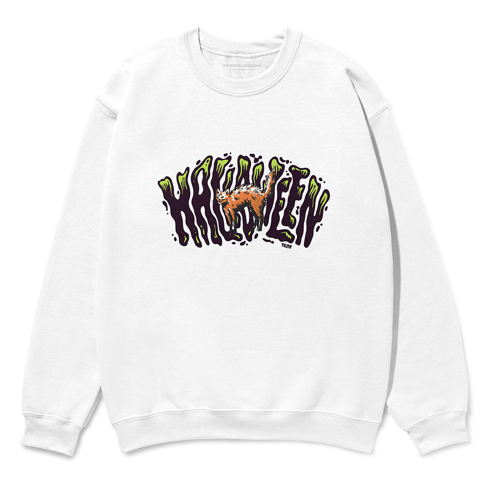 Black Halloween sweatshirt by Yūjin Clothing featuring spooky ghost and pumpkin prints, cozy and perfect for fall festivities.