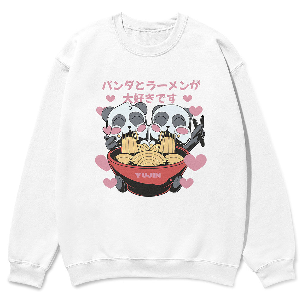 Yūjin Clothing cute Ramen Pandas sweatshirt featuring playful panda and ramen bowl design, cozy and stylish for casual wear.
