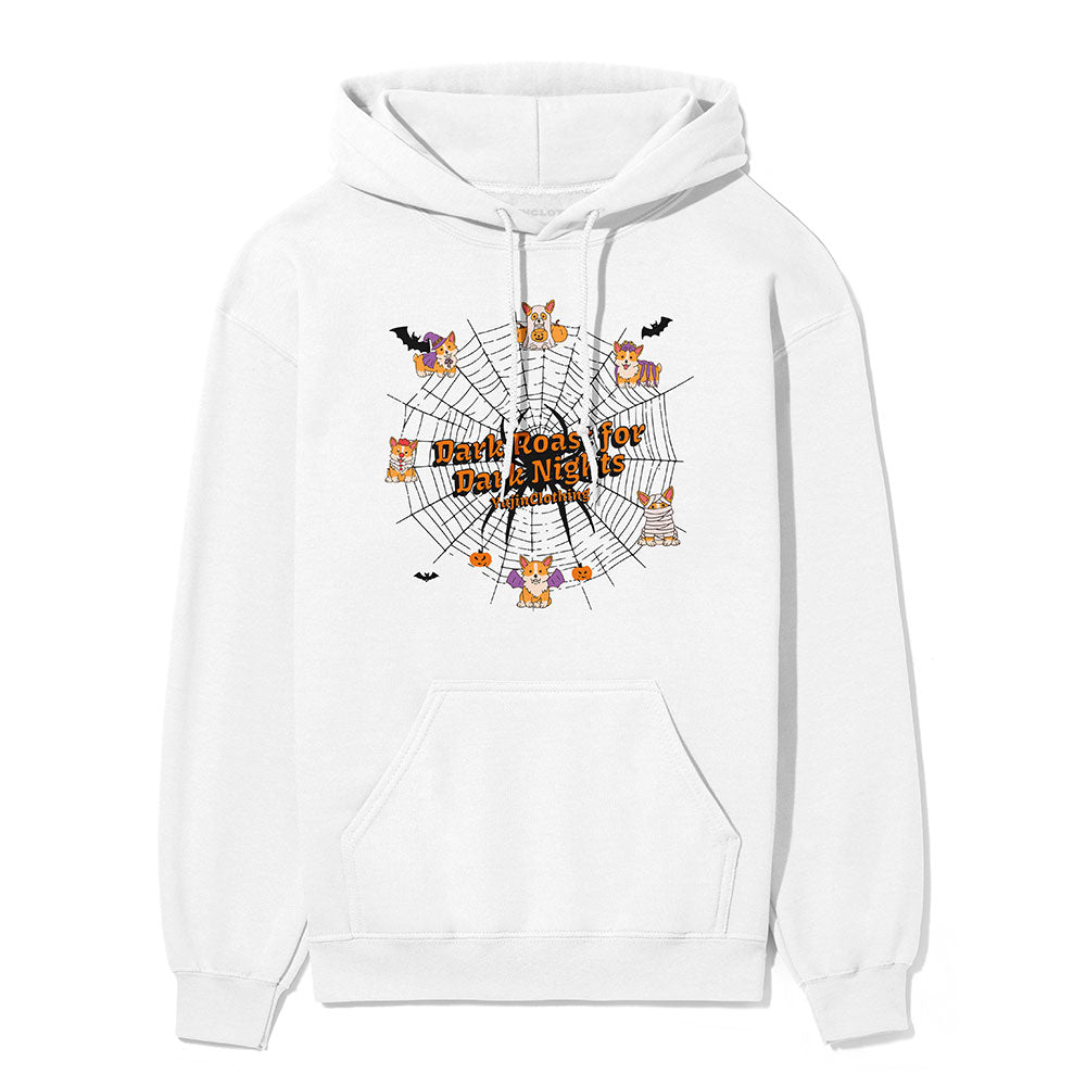 Dark Roasts Hoodie by Yūjin Clothing featuring a comfortable black hoodie with a minimalist dark roast coffee design.